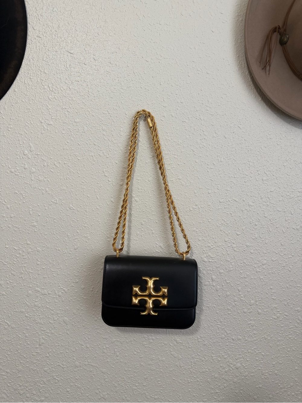 Tory Burch Black Leather Shoulder Bag with Gold Logo Chain